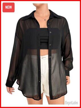 Plus Size Mesh See Through Long Sleeve Button Down Blouse Top